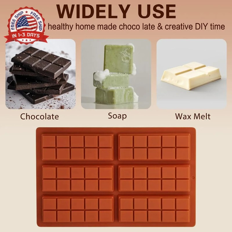 Silicone Chocolate Bar Mold - 6 Large Cavities, Food-Grade, Non-Toxic & Odorless gallery