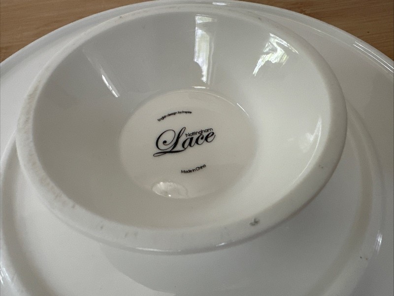 Nottingham Lace White Embossed 8" Pedestal Cake Stand Porcelain Scalloped Edge gallery