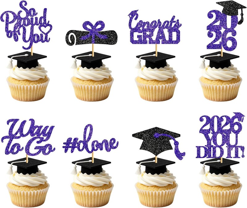 40Pcs Purple Graduation Cupcake Toppers 2026, Purple Graduation Decorations 2026