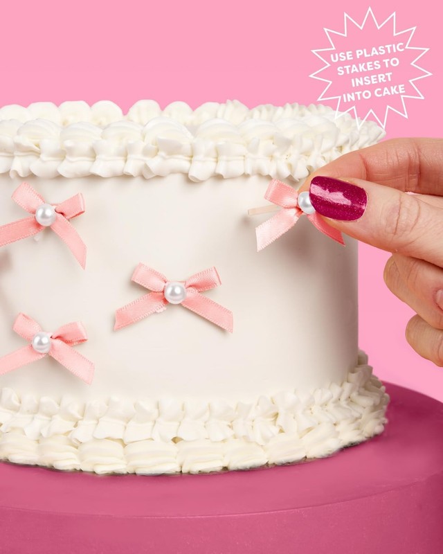 Mini Pink Bow + Pearl Cake Toppers | 12 pcs | Bachelorette Party Decoration, gallery
