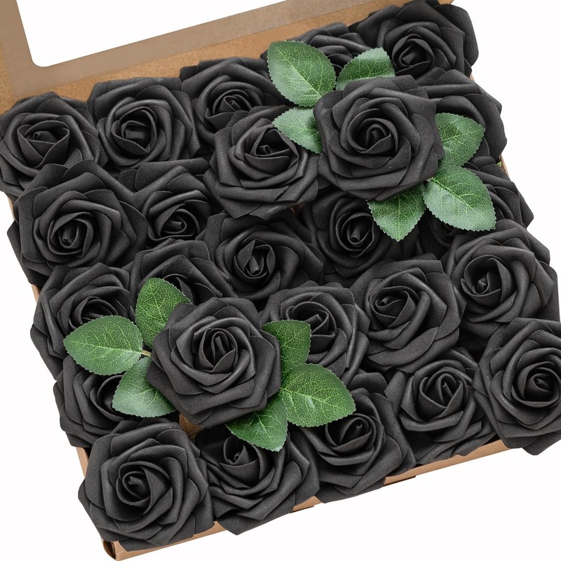 Ling’s moment Artificial Flowers 50Pcs Black Roses Decor w/Stems,3″ Real Touch D