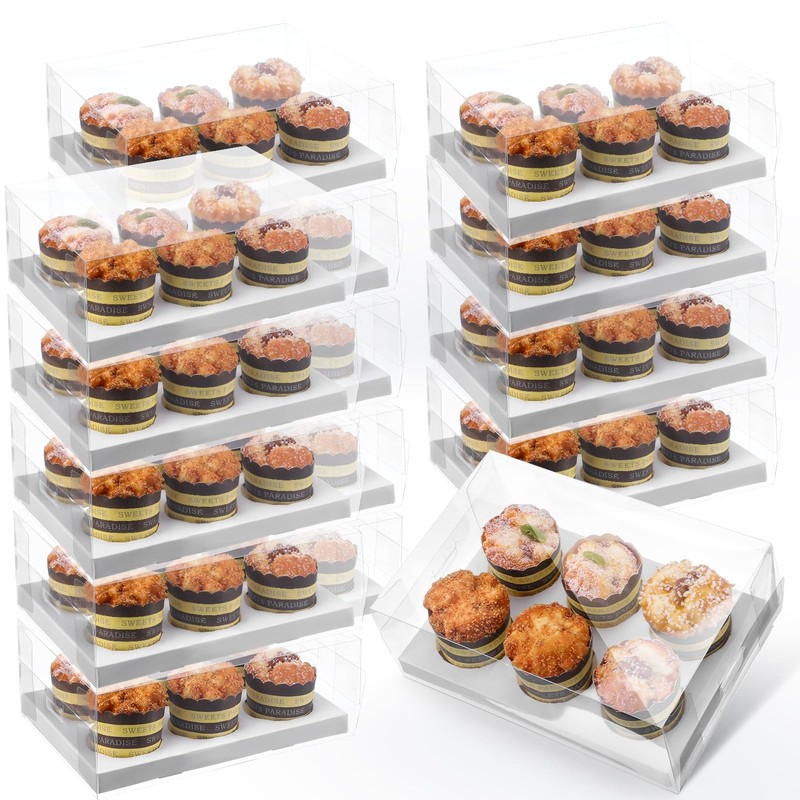 15 PCS Clear Cupcake Boxes 6Count Containers With Gift Ribbon Carrier