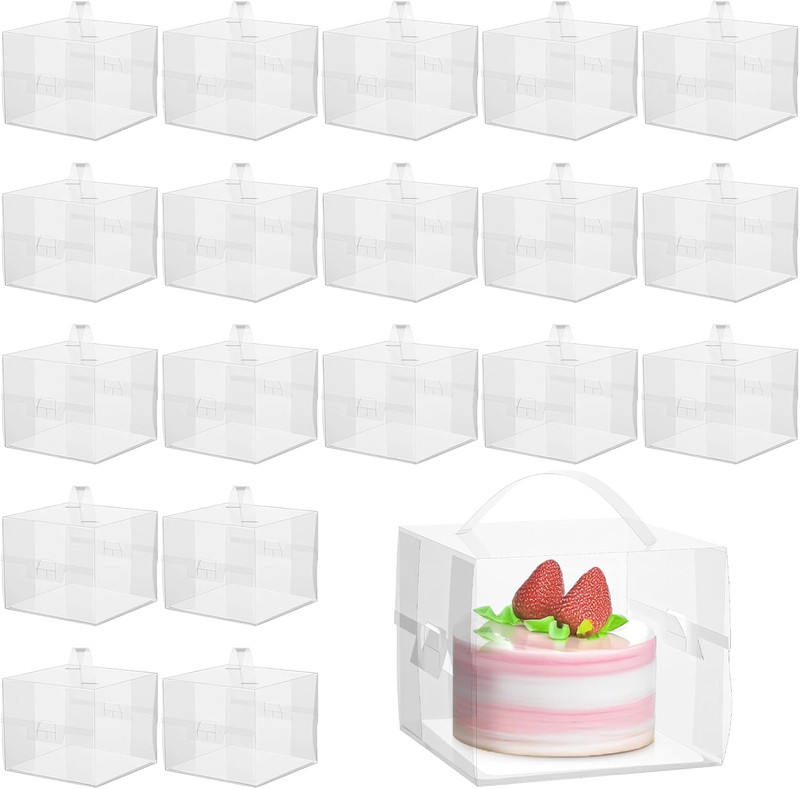20 Pcs Clear Bakery Boxes with Handles, 6X6X5 Inch PET Cardboard Cake Boxes for