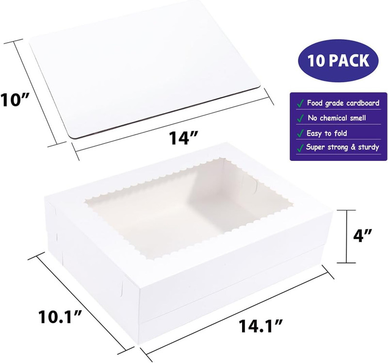 JJO 14X10X4 Inches 10 Pack Cake Boxes with Cake Board,White Bakery Boxes for Qua gallery