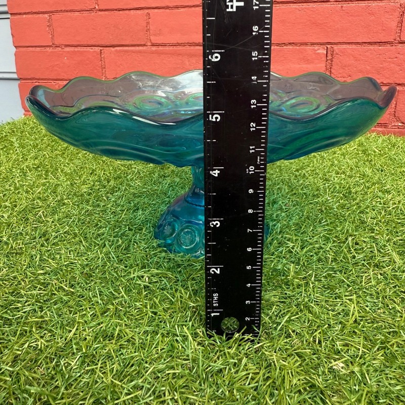 Vintage LE Smith Teal Moon and Stars Glass Pedestal Cake Stand Candy Dish gallery