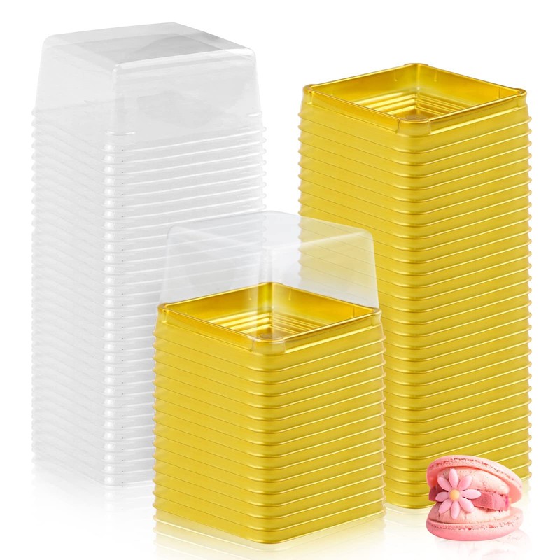 Golden Plastic Square Containers with Lids Cupcake Muffin Dome 3″ 100 Set