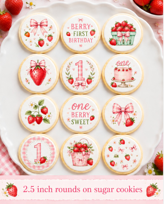 12 count Berry First Birthday edible wafer paper image rounds, PRE CUT choose sz