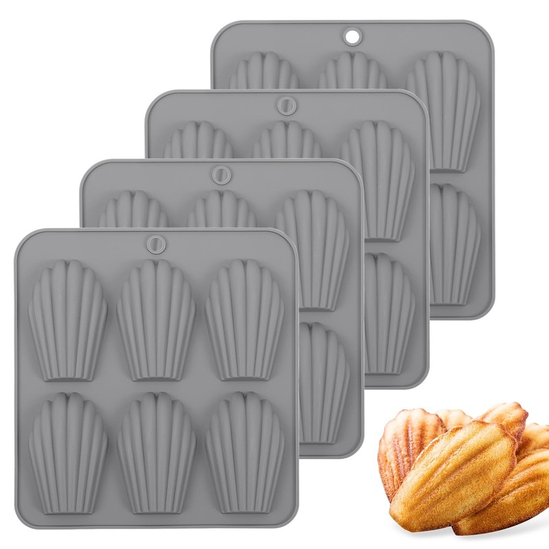 BIGOWL 4 Pack Madeleine Pans for Baking, 6 Cavity Shell Shape Standard, Gray