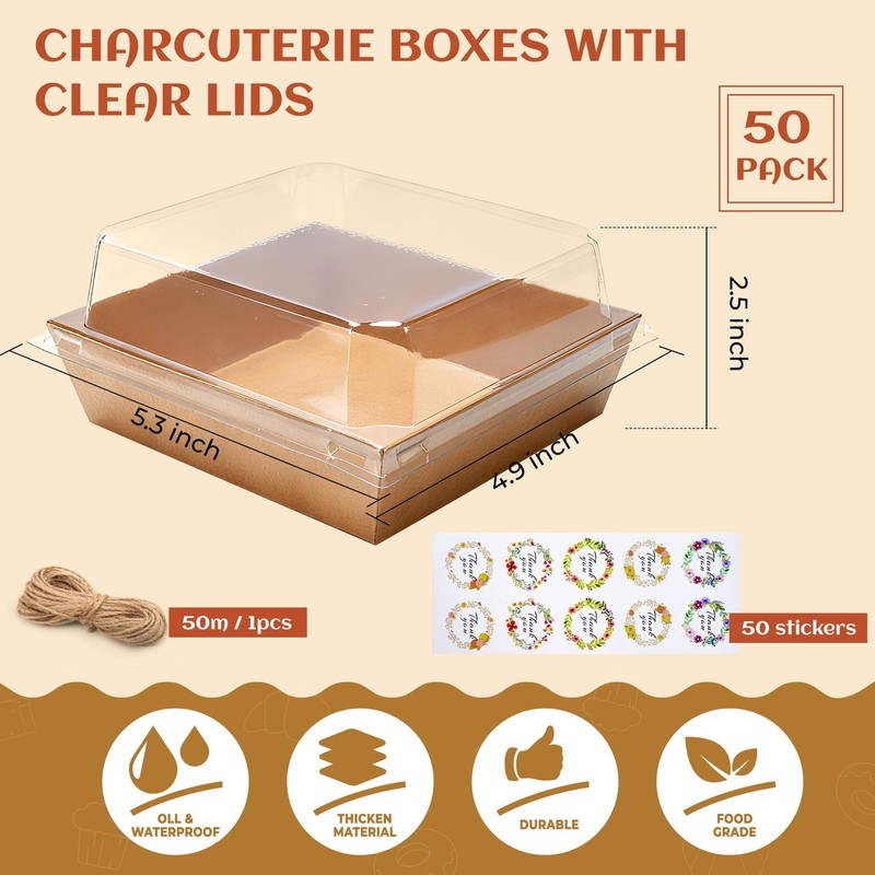 50 Pack Small Charcuterie Boxes with Clear Lids, Brown Boxes 5.3 x 4.9 x 2.5 ... gallery