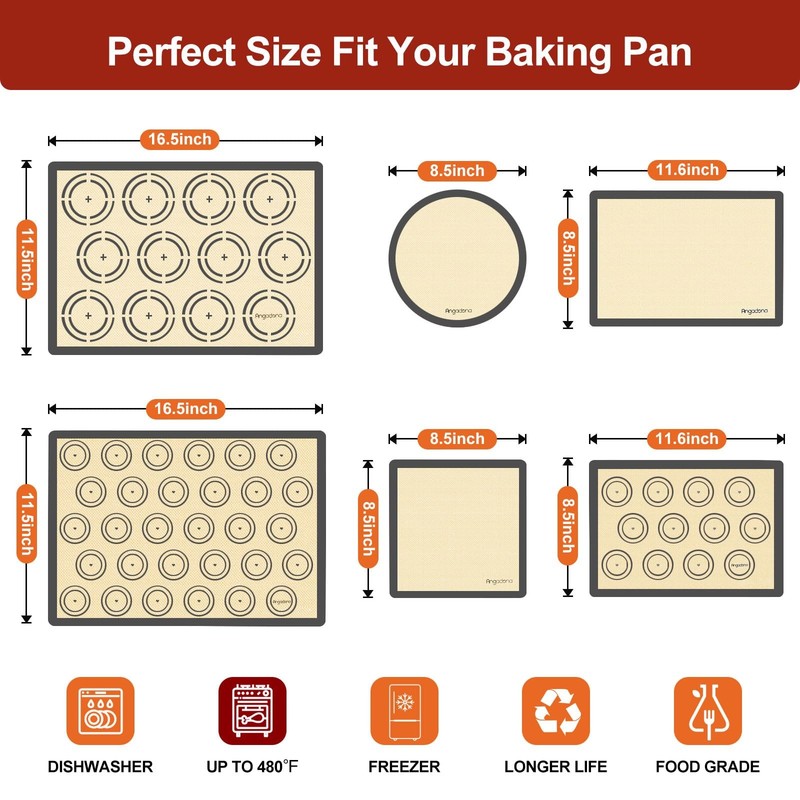 Silicone Baking Mat Set of 6, Half size+Quarter size+Round+Sqaure, Brown gallery