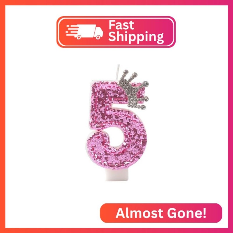 Birthday Number 5 Candles,Pink Crown Birthday Candles for Cake,Glitter Sequins N