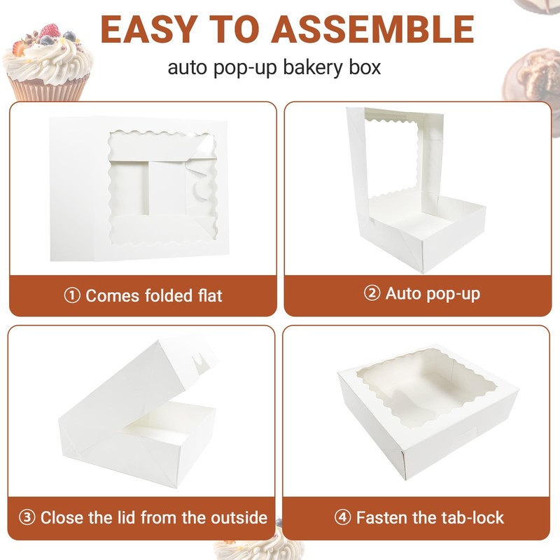 12 PCS White Pie Box Bakery Window AutoPopup Cookie Treats 8x8x2.5 Inch gallery