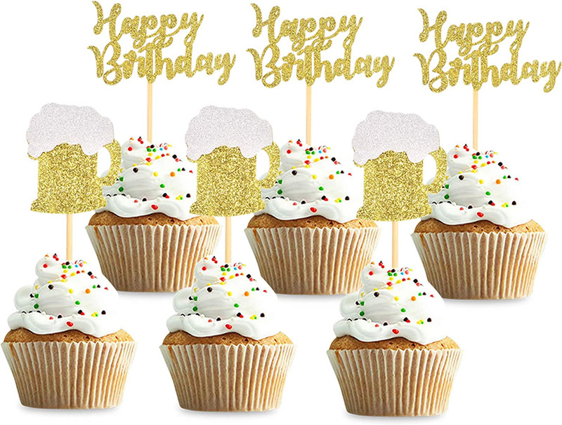 Pack of 24 Gold Glitter Happy Birthday Cupcake Topper Beers Mug/Beer Cup Cupcake