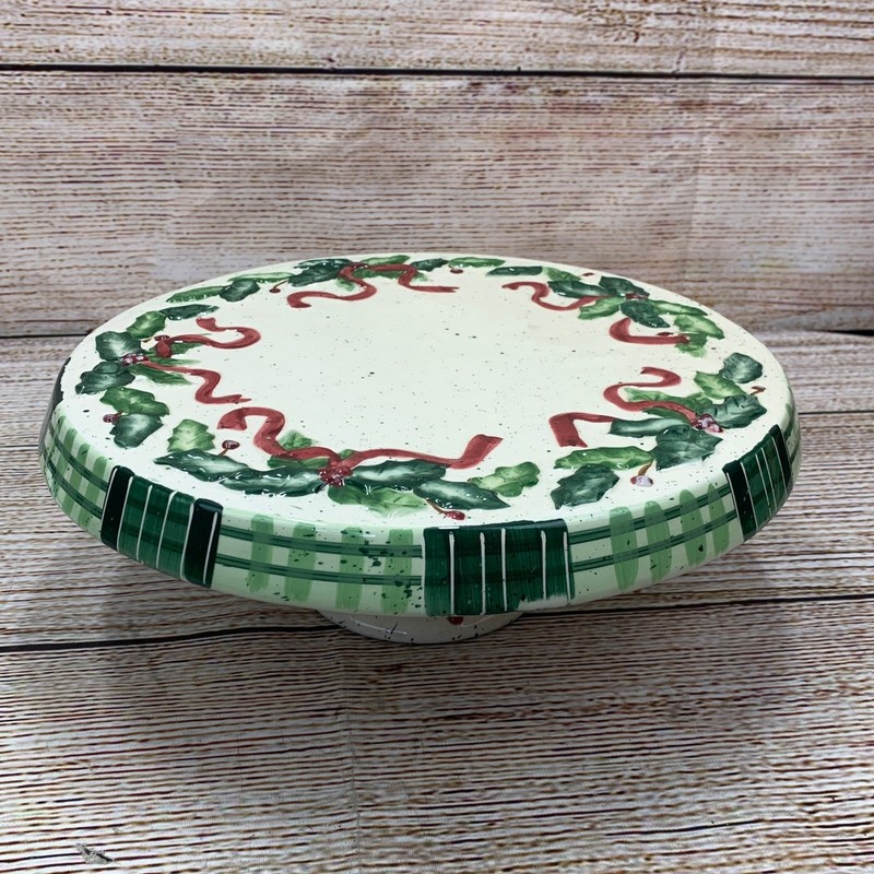 Make the Season Bright Plaid Holly Ribbon Ceramic Cake 12" Stand Pedestal gallery