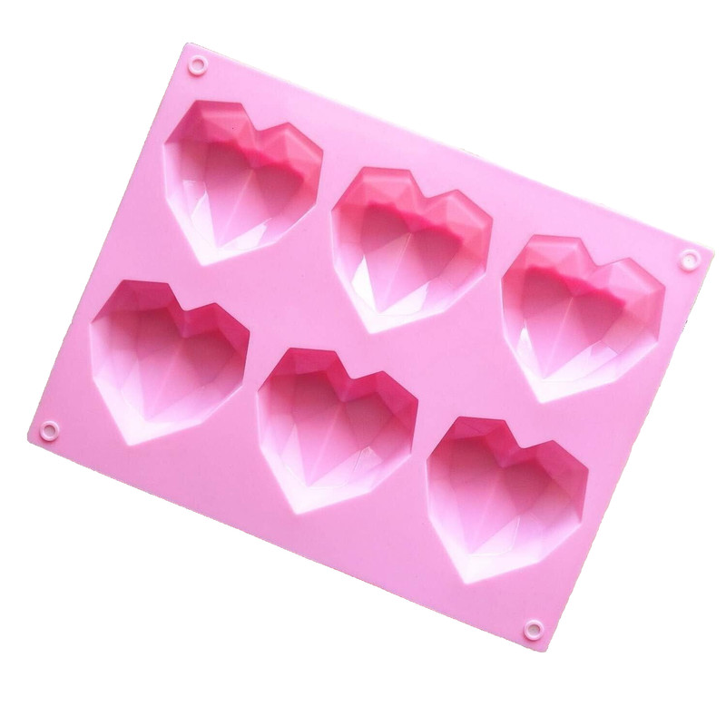 3D Diamond Heart Silicone Mold W/6 Holes Heart Shaped Mold Try/Bombs,Cake(Pink)