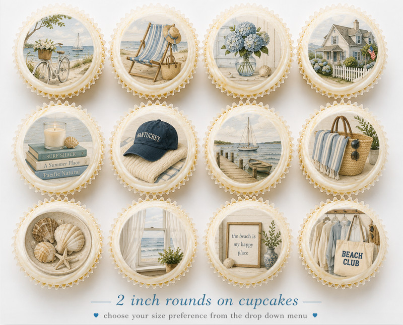 12 count Coastal Grandmother edible wafer paper image rounds, PRE CUT choose sz