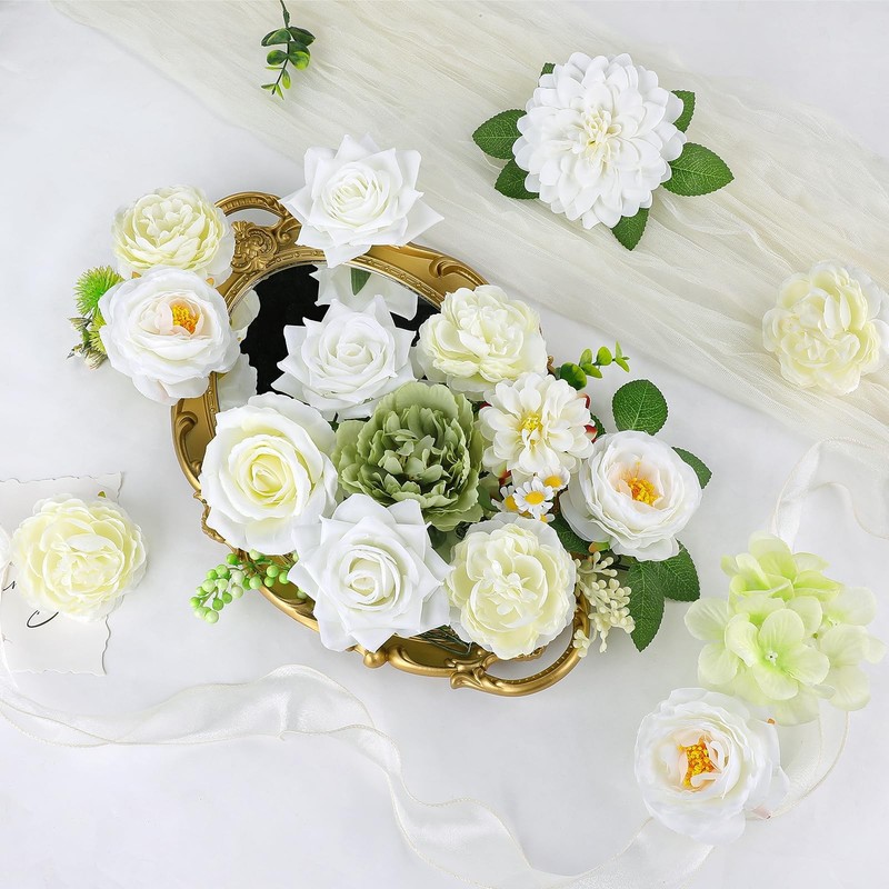 Amyhomie Green White Artificial Flowers Combo Silk Mix Peony Rose Fake Flowers gallery