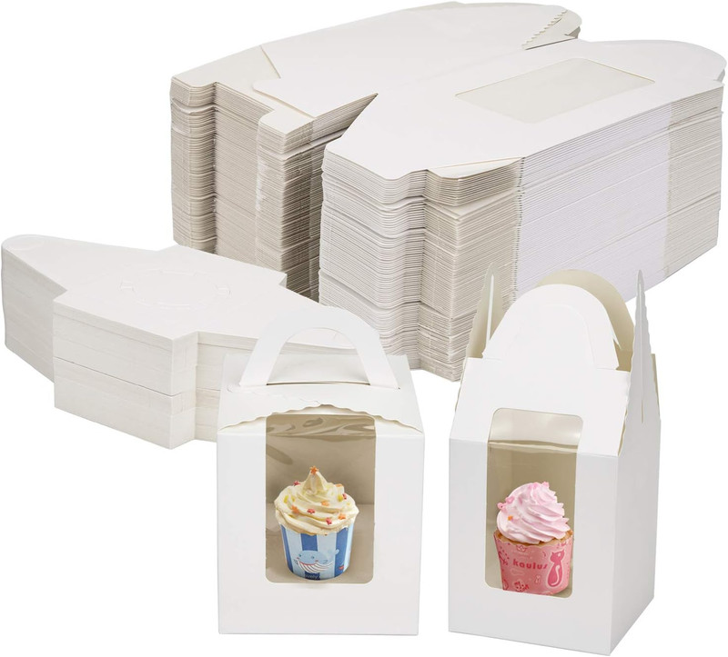 100 Pack White Single Cupcake Boxes, Kraft Paper Individual Cupcake Container wi