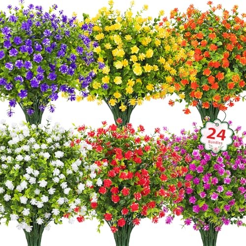 24 Bundles Artificial Flowers for Outdoors Decoration Fake Flowers Mixed Color