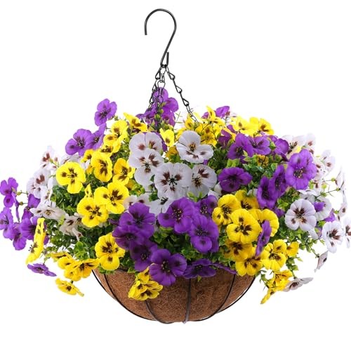 Pcs Artificial Fake Pansy Flowers for Outdoor, Faux 18 Purple, Yellow, White gallery