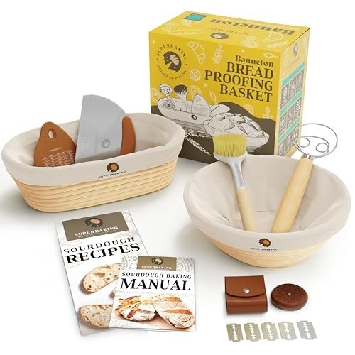 Sourdough Proofing Basket Set 2 Rattan Banneton Round 9″ & Oval 10″ Bread Mak…