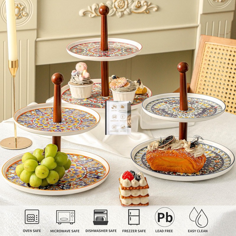 2 Tiered Cupcake Dessert Stand Ceramic, Tiered Serving Cake Stand Bohemian Pl... gallery