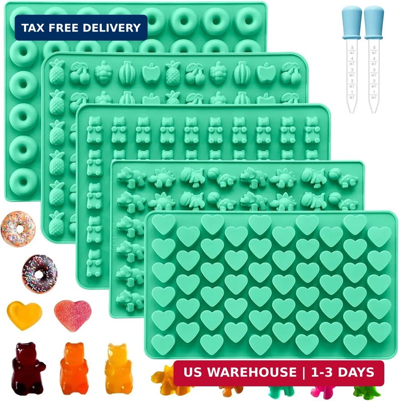 Silicone Gummy Molds Set of 5, Candy Molds Silicone with 2 Droppers for Convenie