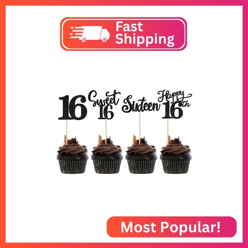 Rsstarxi 24 Pack Glitter 16th Birthday Cupcake Toppers Sweet 16 Cupcake Toppers