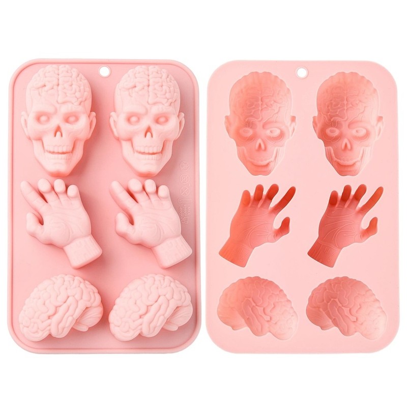 2pcs Skull Shaped Hand Brain Print Silicone Molds Pink for Cake Baking Chocolate