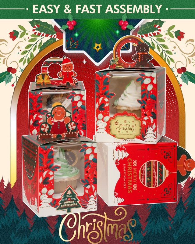 25 PCS Christmas Individual Cupcake Boxes Window 3.7x3.7x4.5 Inch Treat Box gallery