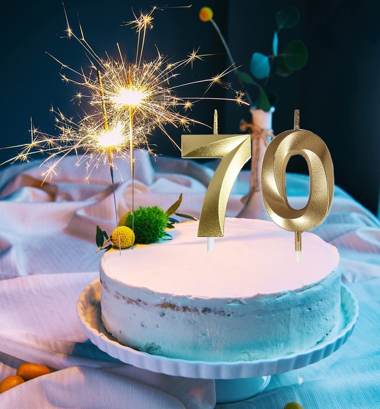 Gold 70 Cake Topper, 70th Birthday Party Decorations, Number Candles gallery