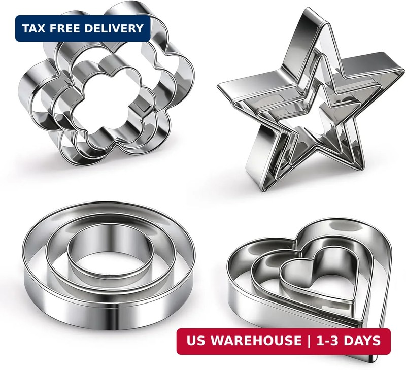 12 Pcs Professional Stainless Steel Cookie Cutters Set – Heart, Flower, Round, S
