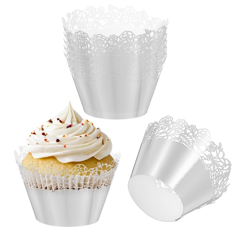 Cupcake Wrappers Paper, 50 Pack Baking Cups Rose Decor, Reflective Silver