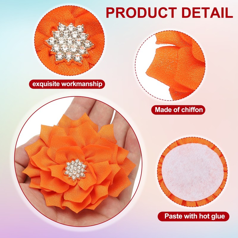 3.5" Rhinestone Pearl Chiffon Flower, 5 Pcs Sewing Fabric Appliques, Orange gallery