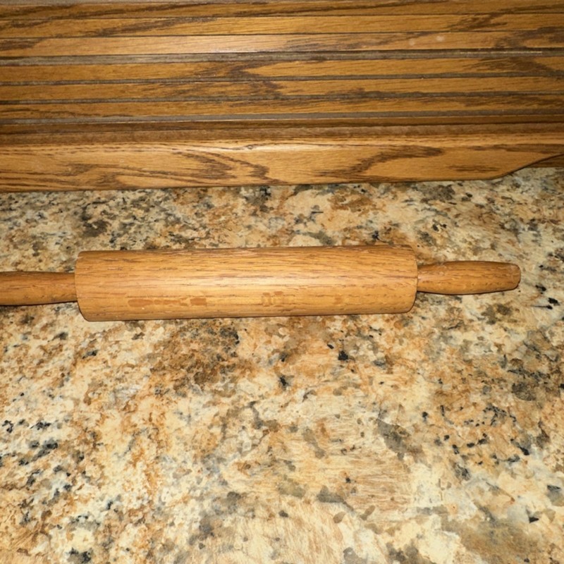 Children’s hand made oak rolling pin. Made in the 1980s.