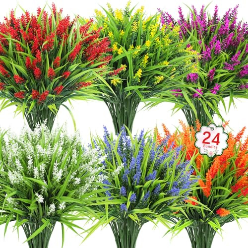 24 Bundles Artificial Flowers for Outdoors, Fake Lavender Flowers Monkey