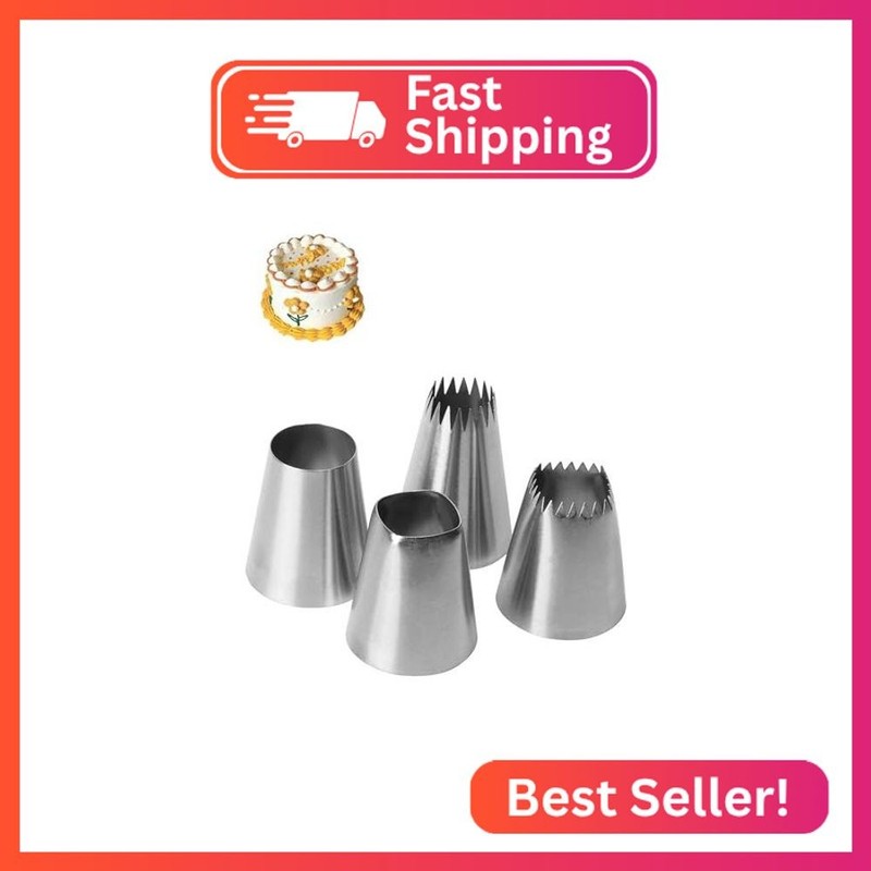 QUJUFIND 4Pcs X-Large Stainless Steel Square Round Piping Nozzles Set,Stainless