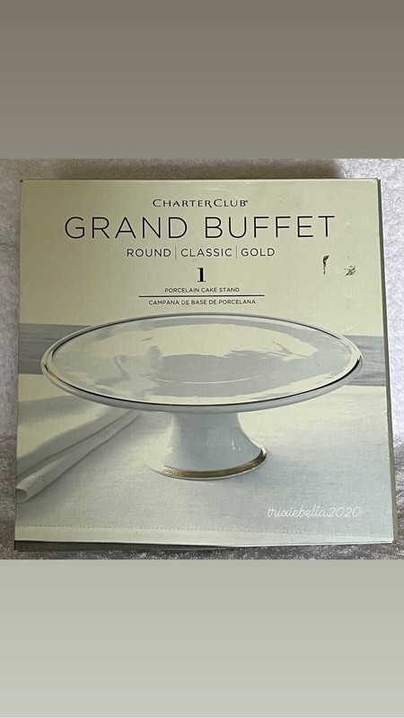 CHARTER CLUB GRAND BUFFET PORCELAIN GOLD RIM CAKE STAND, NEW!!!!