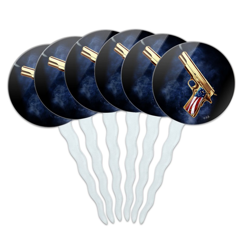 USA American Flag 2nd Amendment Golden Gun Cupcake Picks Toppers Set of 6