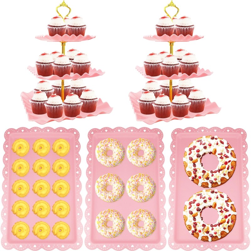5 Pcs Dessert Table Display Set, Pink Cupcake Stand Set with 2xSquare 3-Tier …