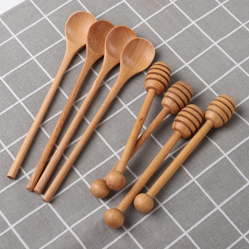 4 PCS 6 Inch Honey Dipper Sticks 4 PCS 7.87 Inch Coffee Stirring Spoons Wood gallery