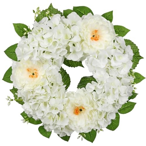 Artificial Hydrangea Wreath for Front Door, 20 Inch Faux Hydrangea Peony White