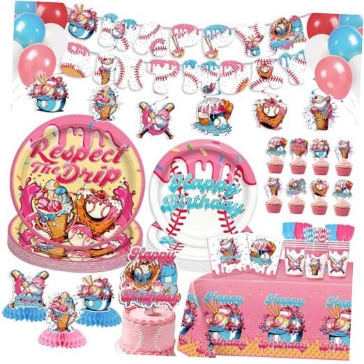 202 Pcs Ice Cream Drip Baseball Birthday Decorations Tableware Set - Service gallery