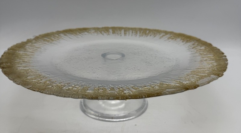Gold Edge Glass Pedestal Cake Stand Glass Top W/ Textured Good Display Food