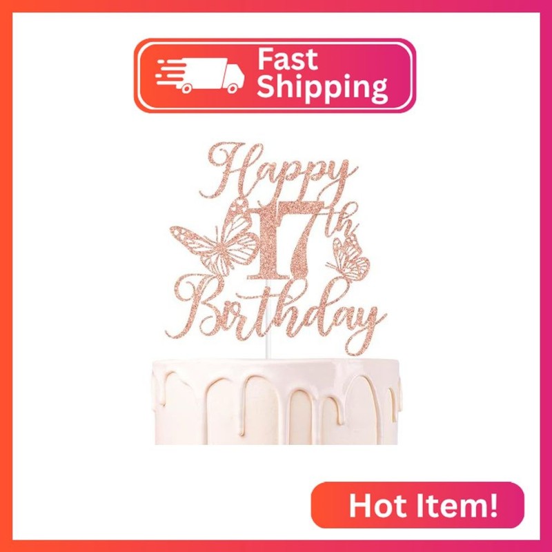 Rose Gold Glitter Happy 17th Birthday Cake Topper, Young & Sweet Only 17/Cheers