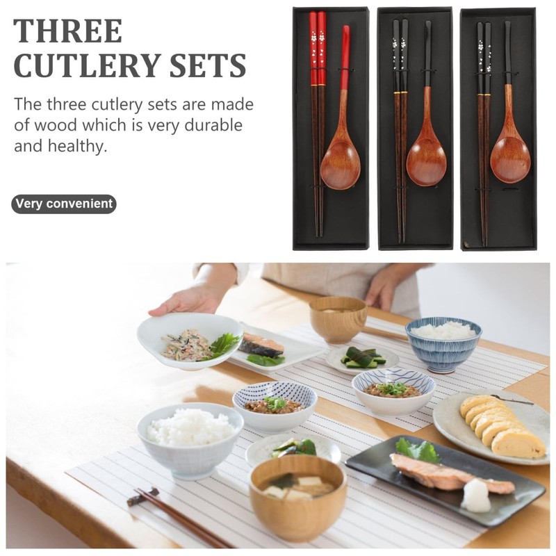3 Pairs Japanese Style Wooden Spoon Chopstick Set Lightweight Reusable Travel gallery
