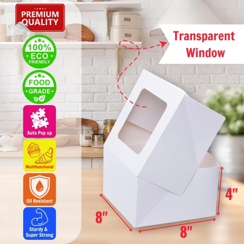 Cake Boxes 8x8x4 Inch 25 Pack with Window, 30 Bonus Sticker, Auto Popup, Extr... gallery
