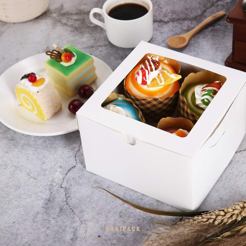 BAKIPACK 25 White Bakery Boxes with Window, 6X6X4 Inches Cake Boxes with Window, gallery