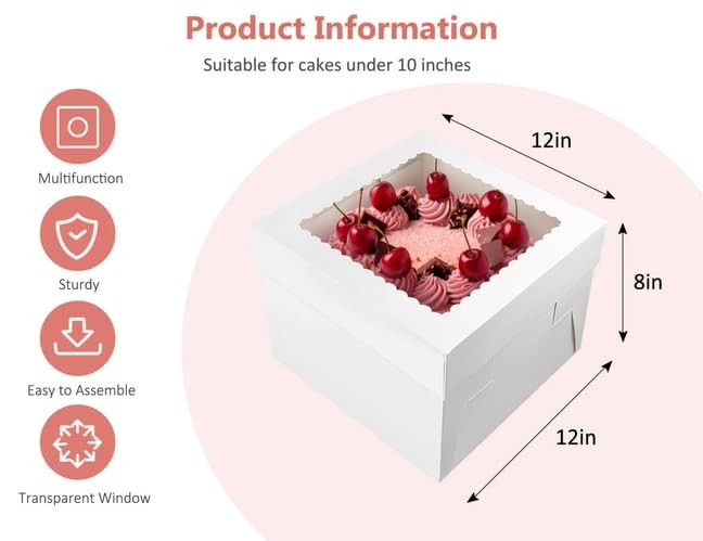 20 PCS 12x12x8 Inch White Bakery Square Cardboard Cake Boxes With Window gallery
