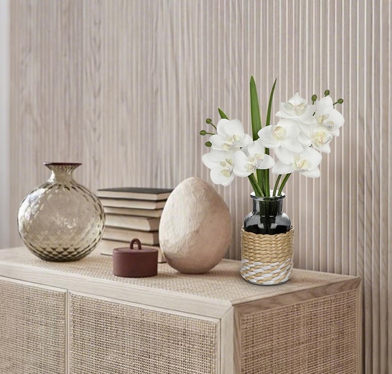 Oairse White Orchids Artificial Flowers Vase Small Faux Orchid Arrangement Fake gallery